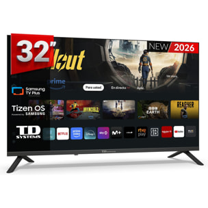 TD Systems - Smart TV 32 pulgadas. Samsung TV Tizen OS 8.0. Sintonizador triple (DVB-T2/C/S2). Televisores con Samsung Smart TV Gaming Hub. Televisión del 2026. Compatible con Prime Video, Netflix, Movistar+, HBO, y más Apps - M32C22TIZEN
