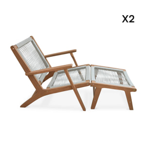 Lot de 2 fauteuils relax taupe en eucalyptus. corde. avec repose-pieds