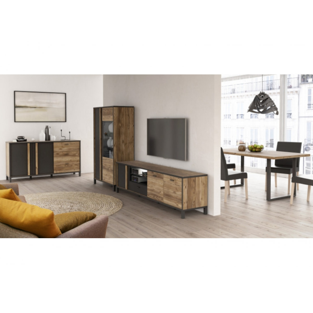 Meuble TV en bois effet chêne et noir L 200cm - YAL