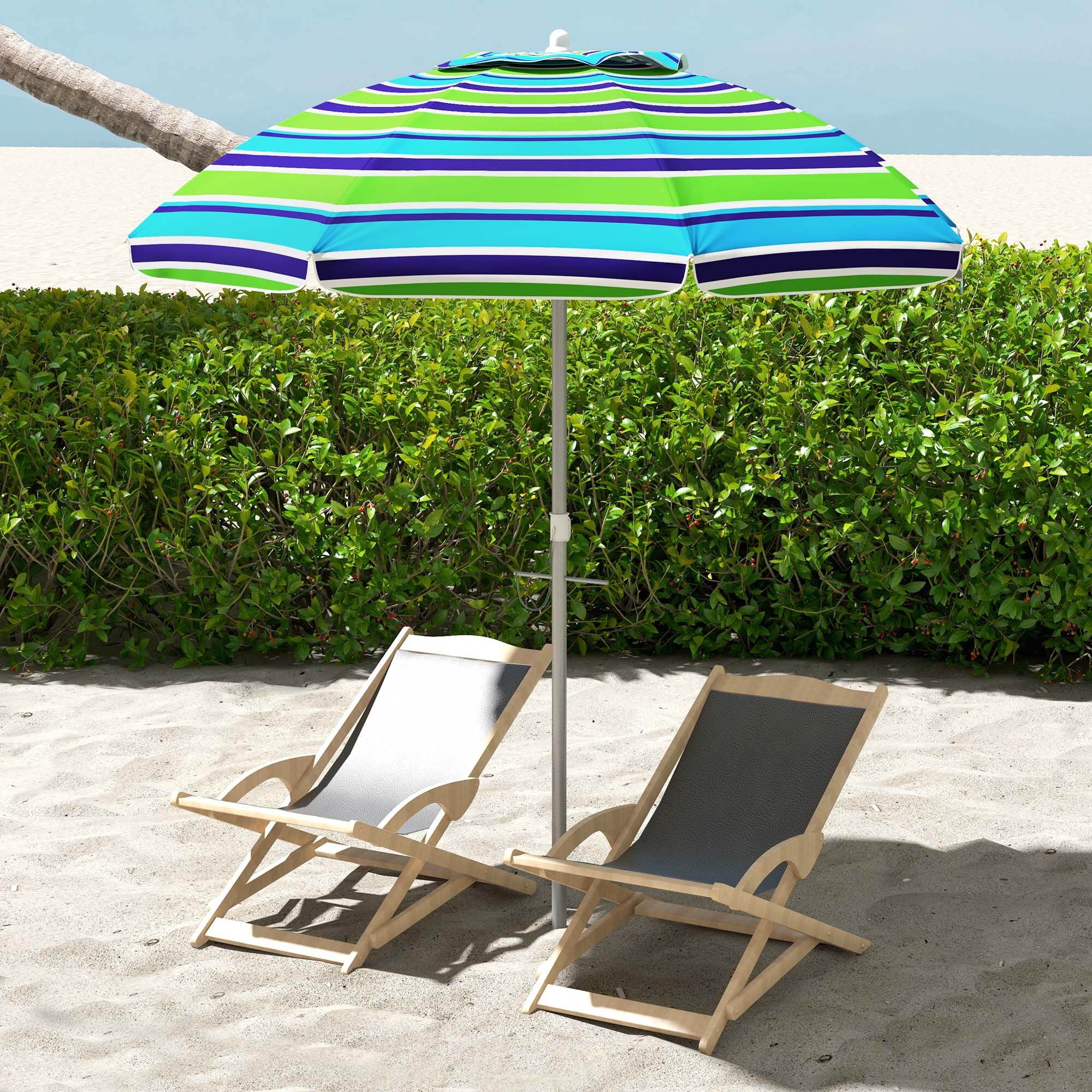 Sombrilla de Playa Ø178x205 cm Parasol para Terraza con Reclinación 45° Altura Ajustable Apertura Manual Anti-UV Impermeable y Bolsa de Transporte para Jardín Piscina Multicolor