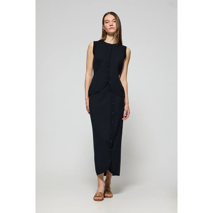 Gonna blu marino in filo con abbottonatura Manoban con dettaglio in madreperla