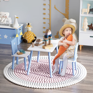 Juego de Mesa Infantil y 2 Sillas de Madera Mesa con Sillas para Niños de 2-4 Años Mesa 60x40x43 cm y Sillas 28x26x48 cm para Dormitorio Sala Blanco y Azul