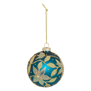 Boule verre fleurs D.8cm bleu