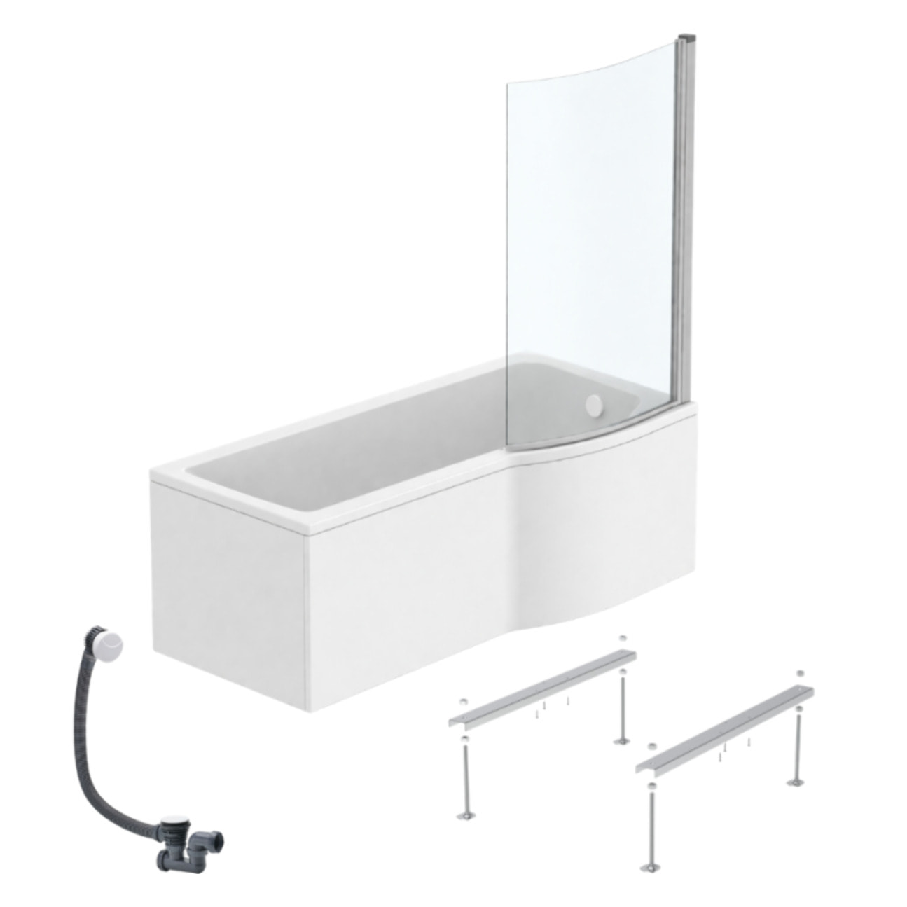 Pack baignoire bain douche 170 x 80 cm droite Connect Air + tablier + pare bain fixe  + pieds + vidage Blanc