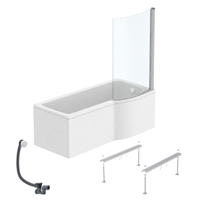 Pack baignoire bain douche 170 x 80 cm droite Connect Air + tablier + pare bain fixe  + pieds + vidage Blanc