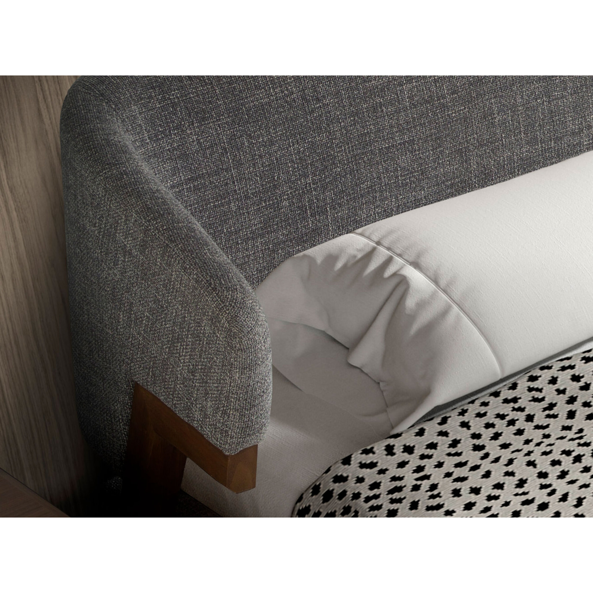 Cama de matrimonio en tela gris y patas de madera chapada en nogal natural 211x220x95cm