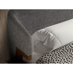 Cama de matrimonio en tela gris y patas de madera chapada en nogal natural 211x220x95cm