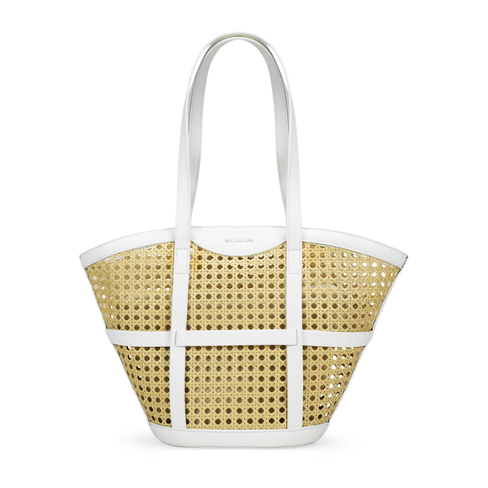 Bolso de hombro beige con rejilla de mimbre