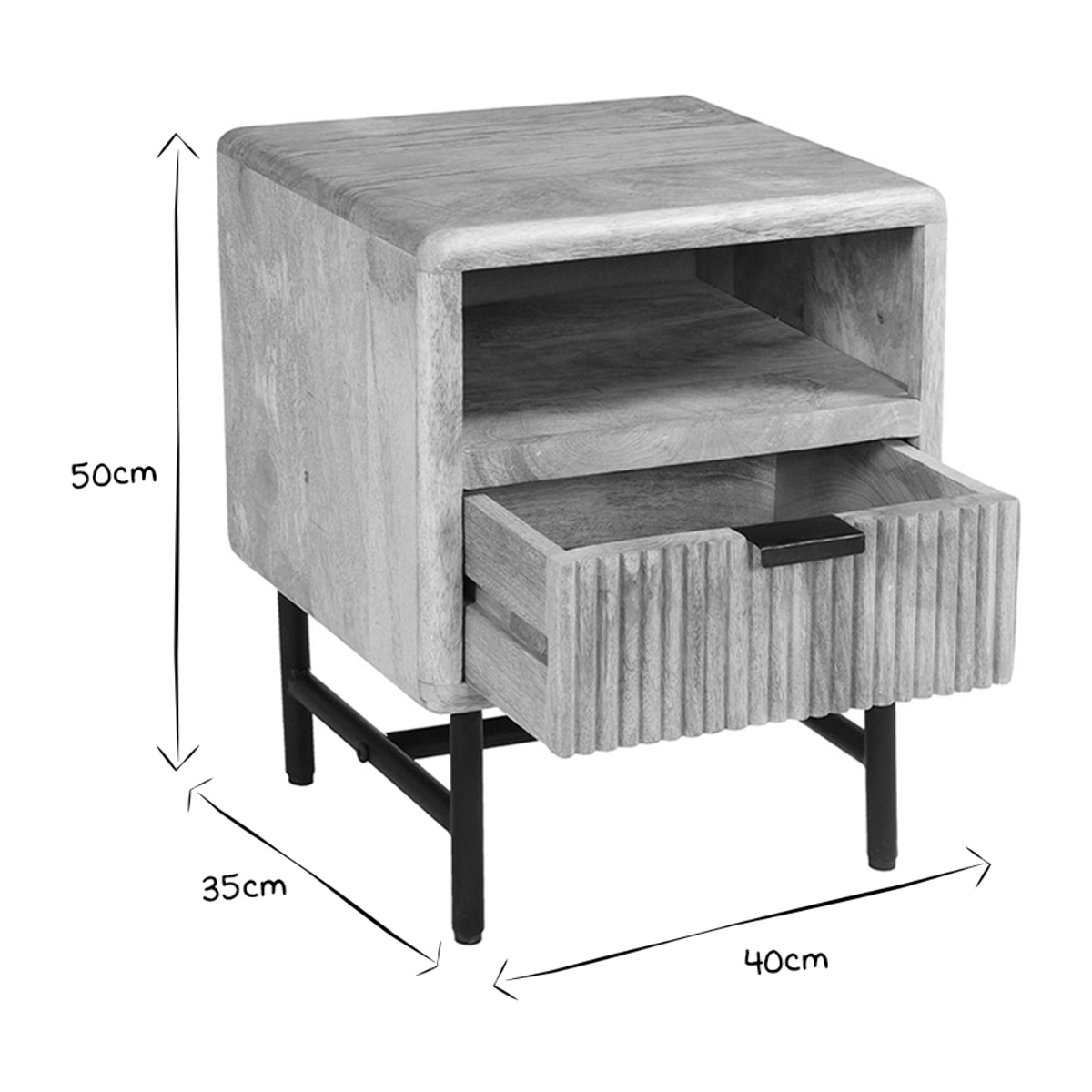 Table de chevet avec rangements bois manguier massif gravé et métal noir MORISSON
