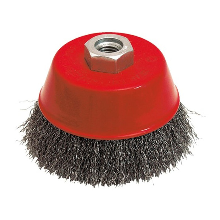 Brosse conique pour meuleuse fil acier ondulé 0.30 mm D. 100 mm M14 pour métal - Décapage dur - LEMAN - 540.100V