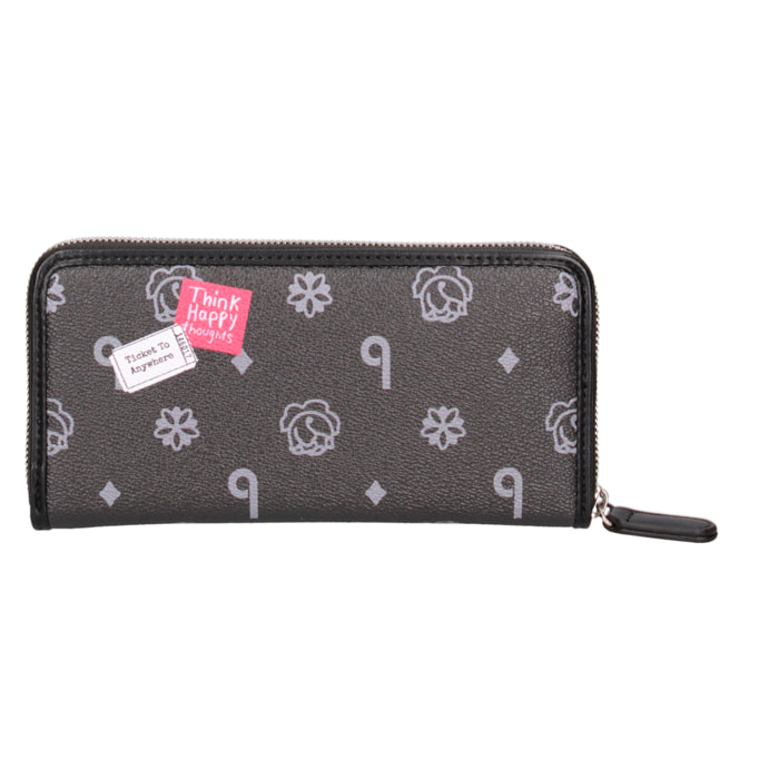 Portafoglio zip round con scomparti interni e stampa. Realizzate in buccia d’arancia con uno sfondo monocolore. 18,5x10,5x3 cm