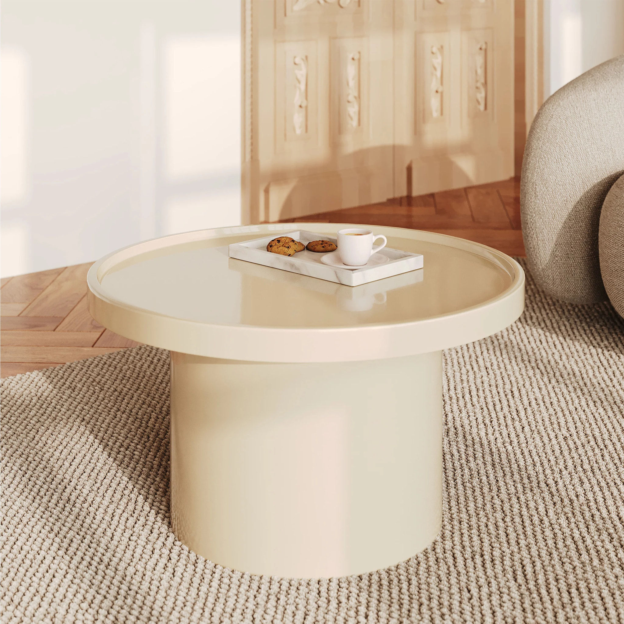 Table basse laquée blanche en MDF, D70 cm - Nora