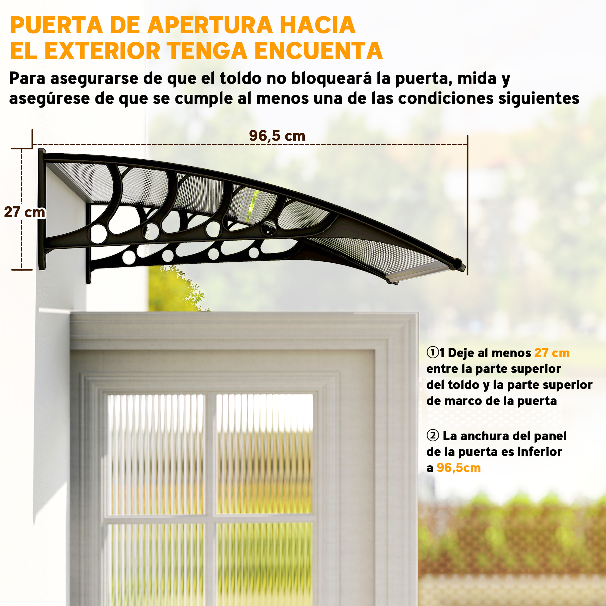 Marquesinas Exterior para Puertas y Ventanas, 103x96,5 cm, Tejadillo de Protección contra Sol y Lluvia, con Cubierta de Policarbonato, Barras de Aleación de Aluminio, Transparente