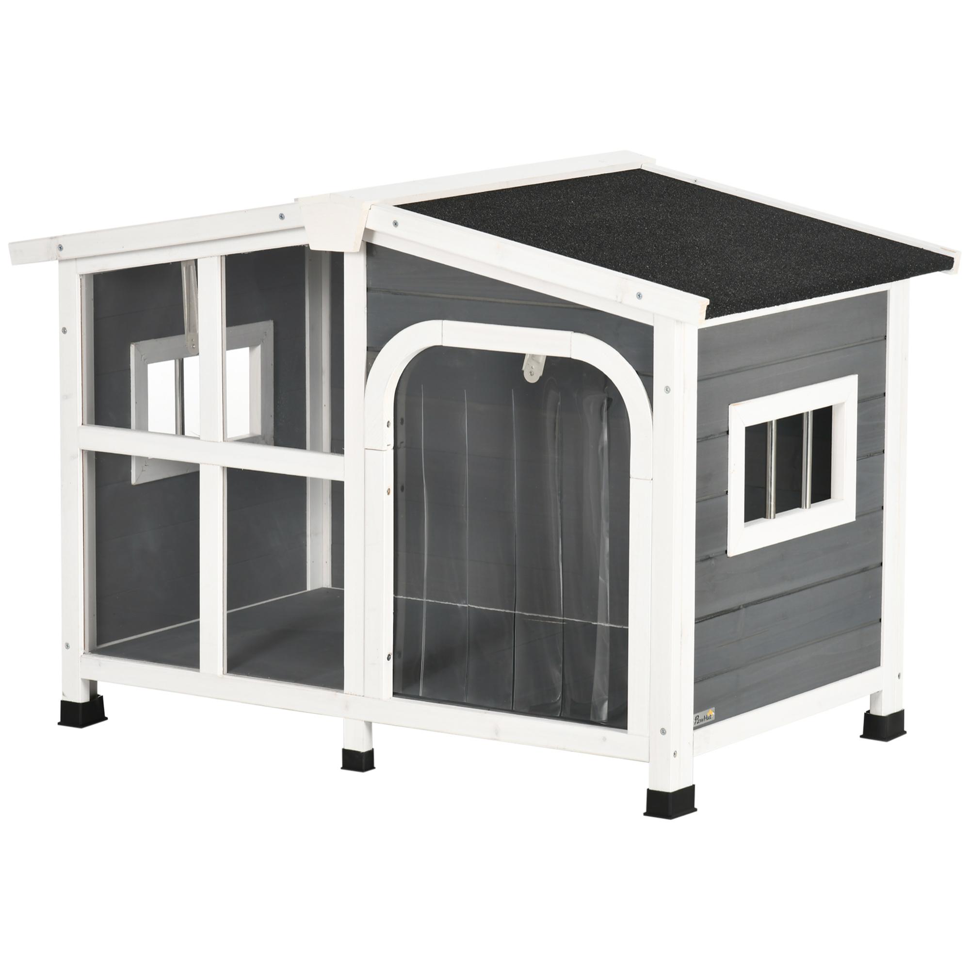 Caseta de Madera para Perros 101x66,5x70,5 cm Casita para Mascotas con Techo Abatible Frontal de Acrílico Puerta con Cortina y Fondo Extraíble Gris Oscuro