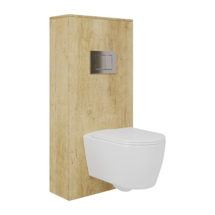 Pack Wc Suspendu + Châssis + Boîtier de Support Nature | Toilette Blanc Mat | Bouton Chrome | Réservoir Encastré | Couvercle Amorti | Alday