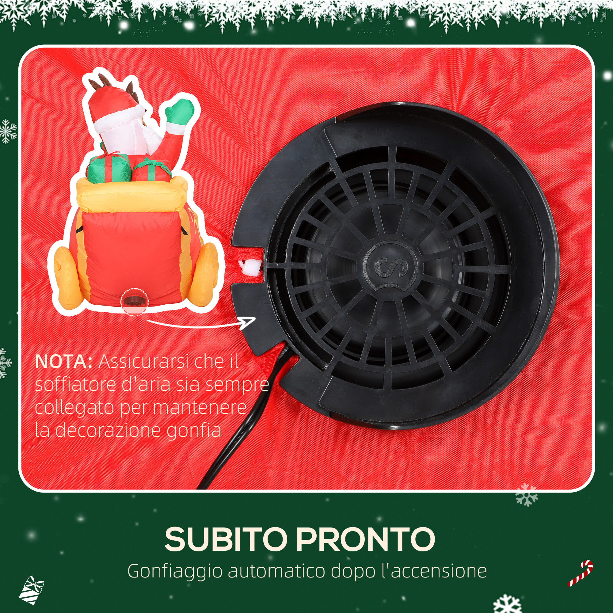 Outsunny Babbo Natale Gonfiabile con Slitta e Renne da 2.4m con 6 Luci LED e Gonfiatore per Esterni e Interni