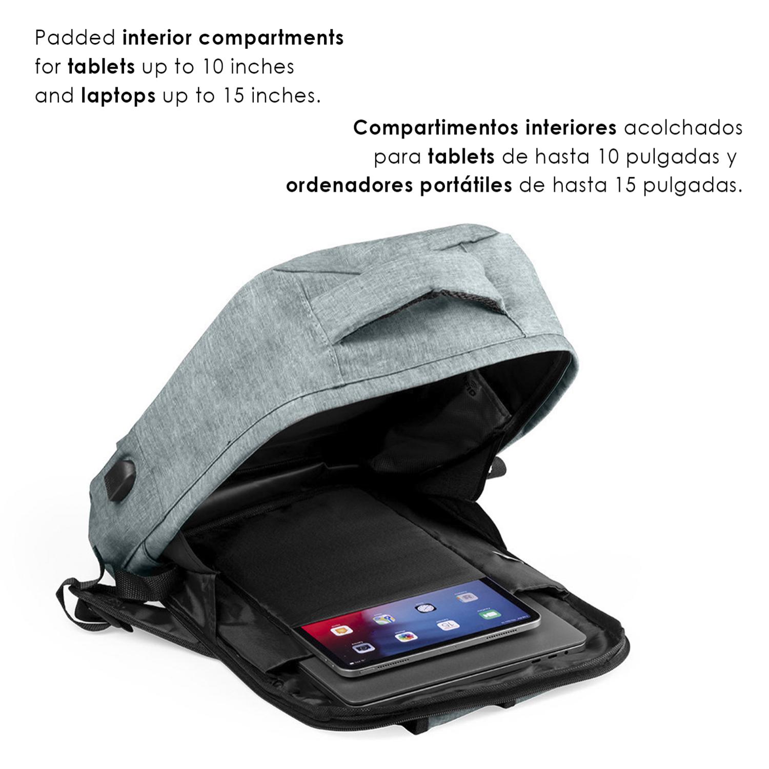 Zaino antifurto Komplete in poliestere 300D, con presa USB esterna. Tasca laterale con protezione RFID.