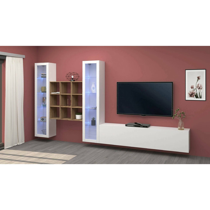 Parete attrezzata Egidio, Set salotto porta TV a 3 ante, Mobile soggiorno multiuso con vetrina e luce LED, 100% Made in Italy, cm 350x30h180, Bianco lucido e Acero