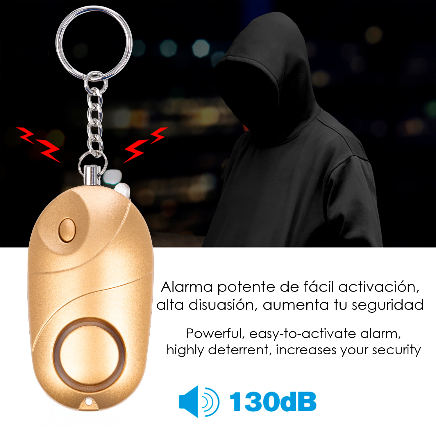 Allarme SOS personale con luce LED brillante e suono di 130dB. 3x batterie LR44 incluse e attivazione rapida tirando l'anello.
