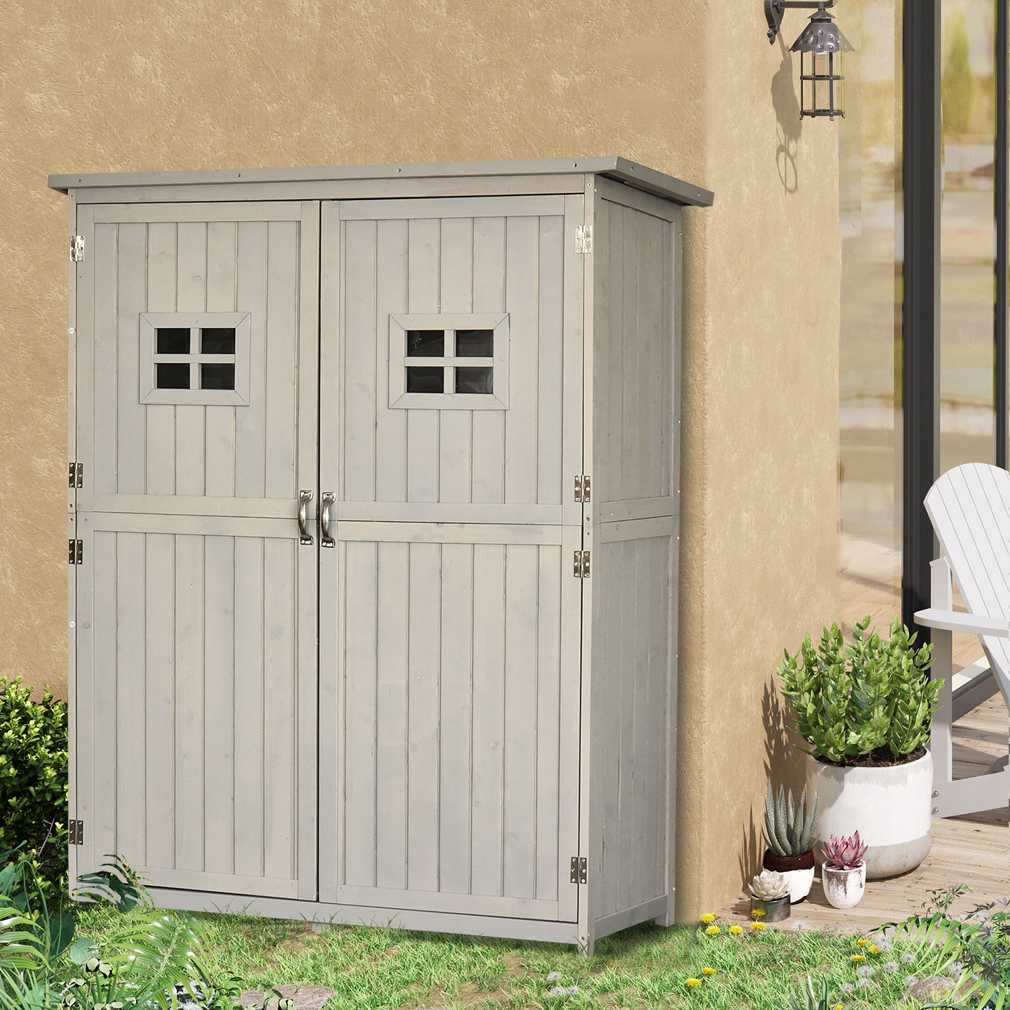 Cobertizo de Madera Caseta Exterior Armario Herramientas de Jardinería Doble Puertas Techo Impermeable Compartimientos de Diferentes Tamaños 127.5x50x164cm Madera Maciza