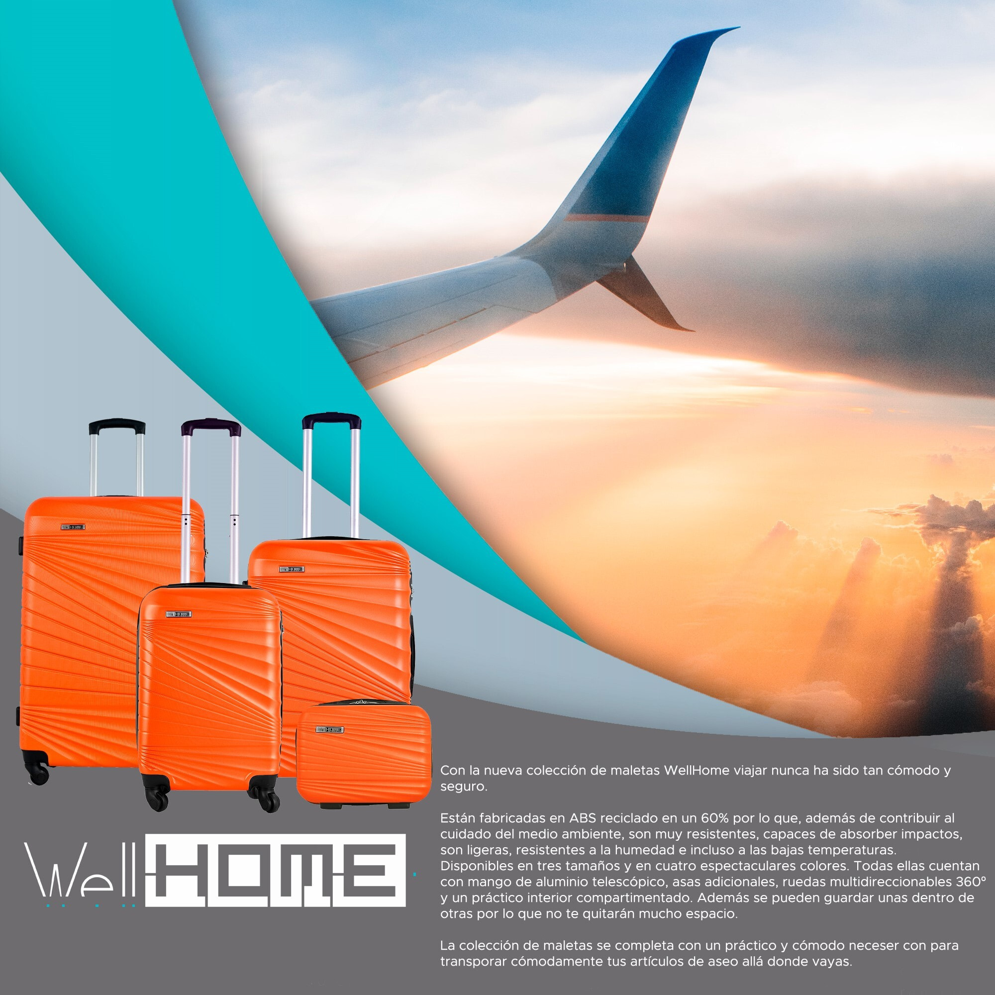 Juego de maletas rígidas 4 piezas en turquesa coral naranja