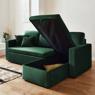 Canapé d'angle convertible en velours vert anglais 3 places. fauteuil d'angle réversible coffre rangement lit modulable