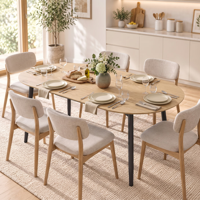 HOMCOM Mesa de Comedor Extensible Ovalada 120-160x80 cm, Mesa de Cocina Extensible para 4-6 Personas, Estilo Rústico, con Patas de Hierro y Bordes Redondeados, Ahorra Espacio, Roble