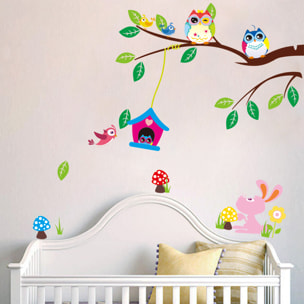 Stickers Muraux décoration adhésifs hiboux et cage oiseau sur un arbre