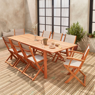 Table de jardin extensible bois d'eucalyptus + 8 assises en bois d'Eucalyptus huilé et textilène gris taupe