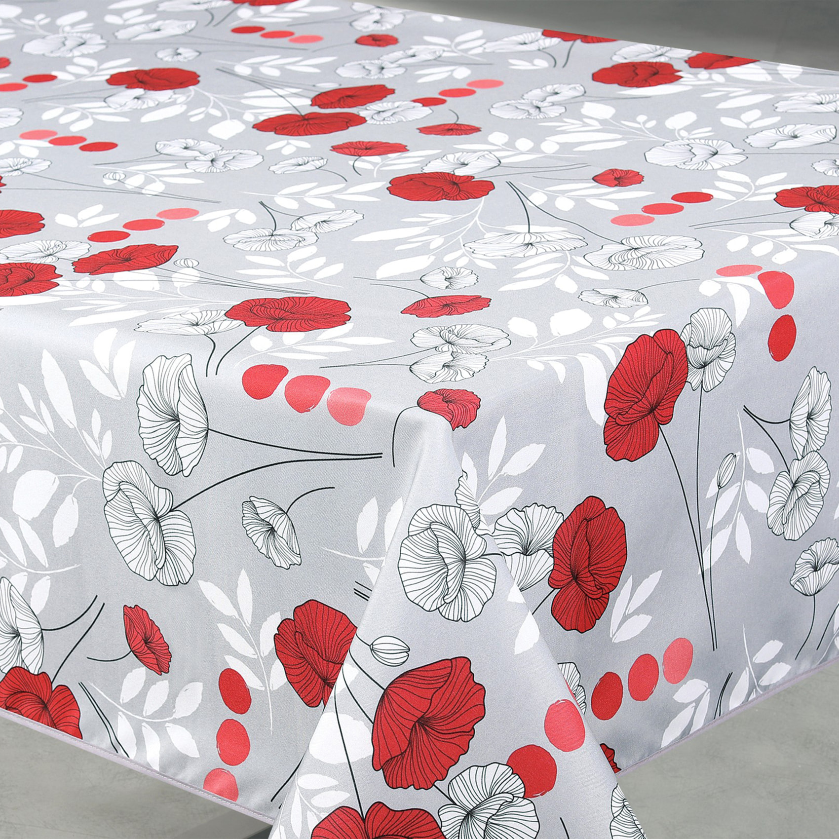 Nappe anti-tâche rectangulaire motif coquelicots - Gris