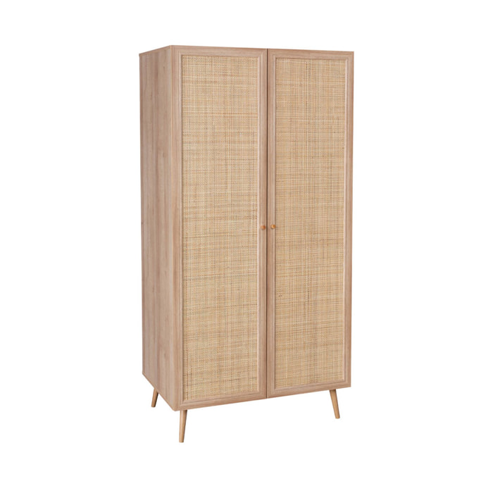 Armoire cannage et effet bois 2 portes avec étagère et tringle - Hauteur 179.5cm