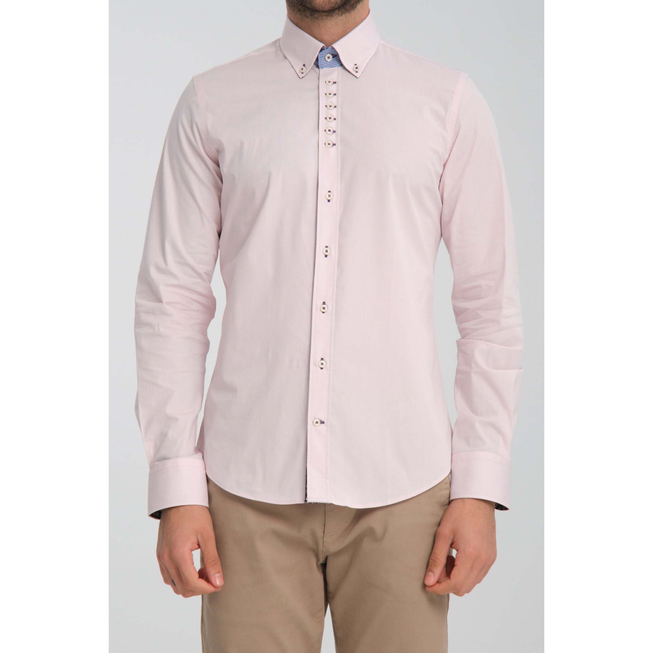 Camicia Uomo 1 Bottoni Button Down Slim Popeline Stretch Unito Rosa