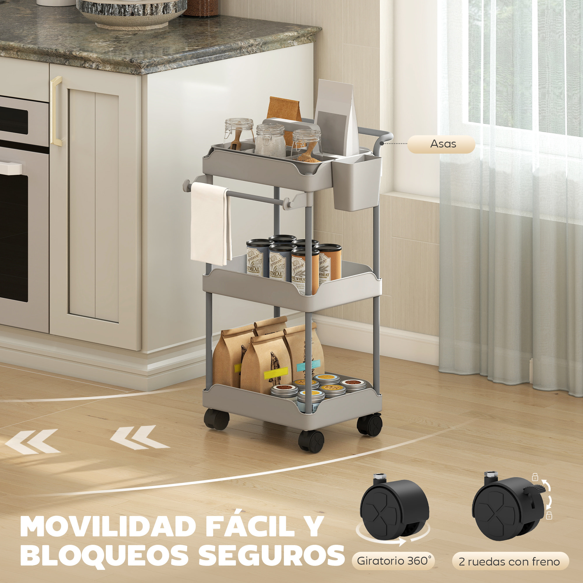 Carrito Auxiliar con Ruedas de 3 Niveles, Carrito de Cocina con Cestas Extraíbles, Ruedas con Freno, Soporte para Toallas y Marco de Metal, para Comedor, Salón, Baño, Oficina, Gris