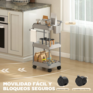 Carrito Auxiliar con Ruedas de 3 Niveles, Carrito de Cocina con Cestas Extraíbles, Ruedas con Freno, Soporte para Toallas y Marco de Metal, para Comedor, Salón, Baño, Oficina, Gris