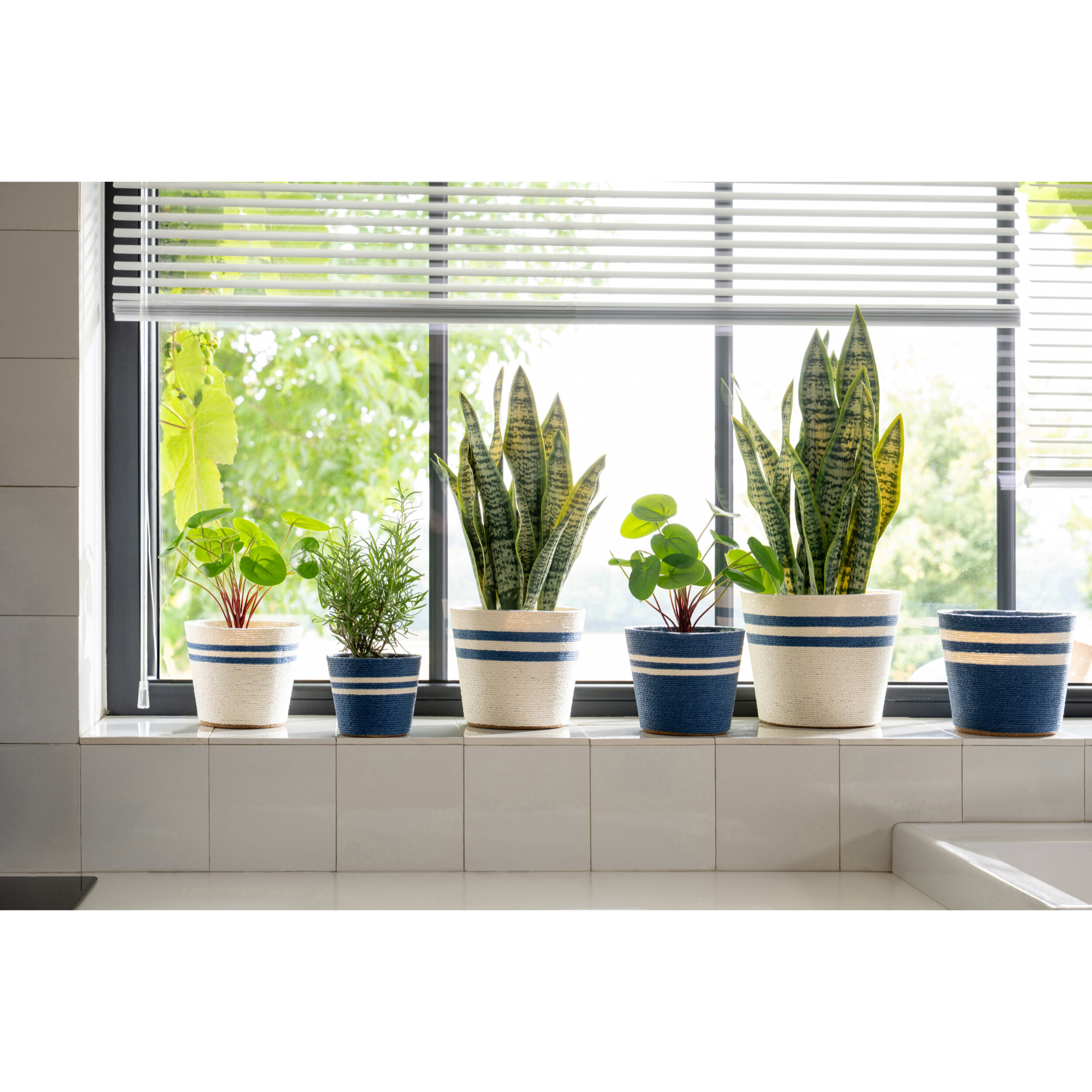 J-Line cache-pot Ligné - papier - blanc/bleu foncé - extra large - set de 2