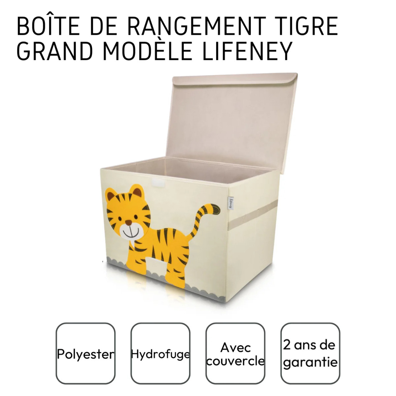 Boîte de rangement en tissu pour enfant grand modèle "Tigre" avec couvercle Lifeney