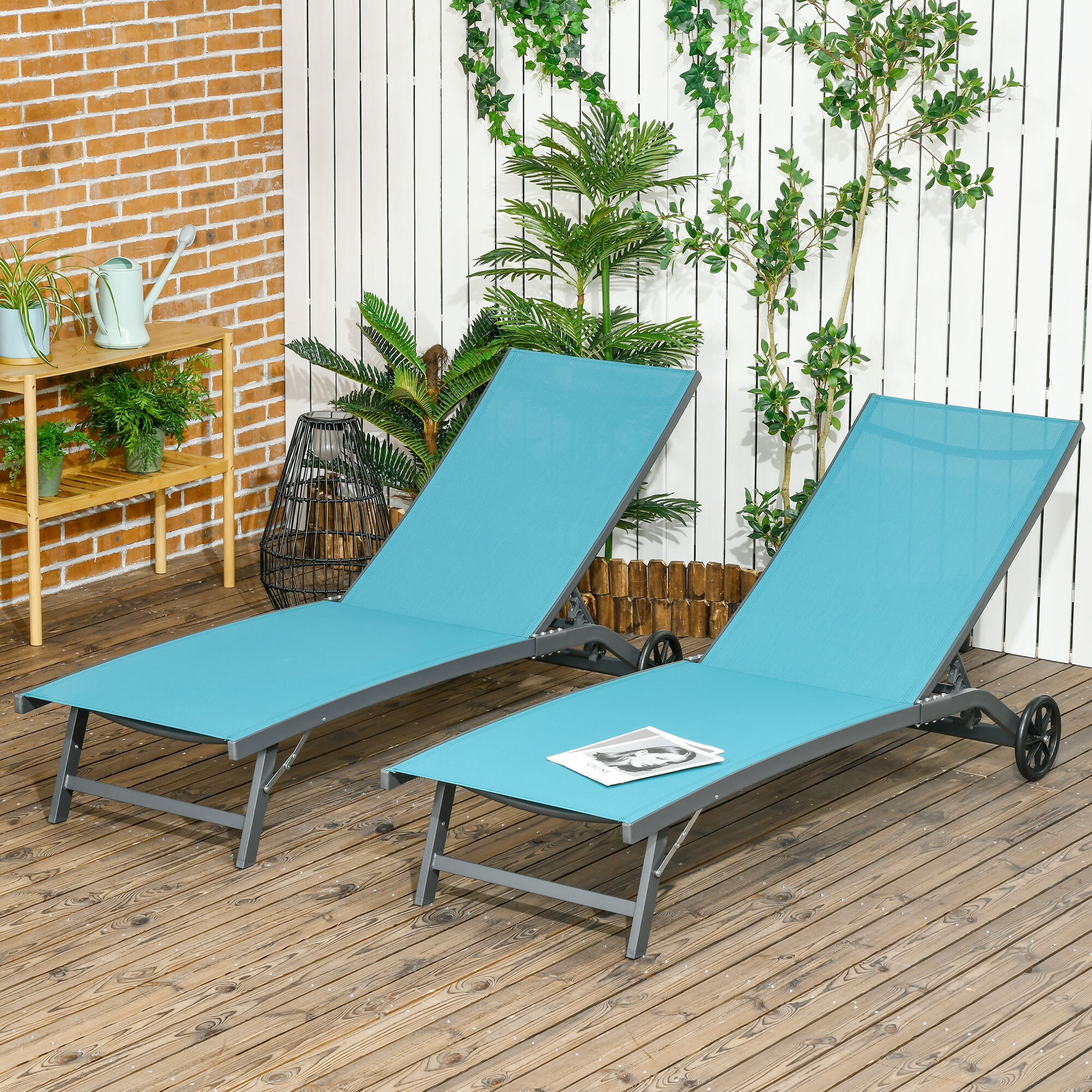 Pack de 2 Tumbonas de Jardín Exterior Tumbonas Reclinables de Aluminio con Respaldo Ajustable de 5 Niveles y Ruedas para Playa Piscina 165x66x102 cm Azul y Gris