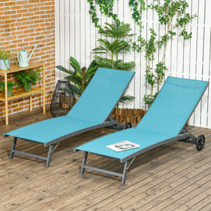 Pack de 2 Tumbonas de Jardín Exterior Tumbonas Reclinables de Aluminio con Respaldo Ajustable de 5 Niveles y Ruedas para Playa Piscina 165x66x102 cm Azul y Gris