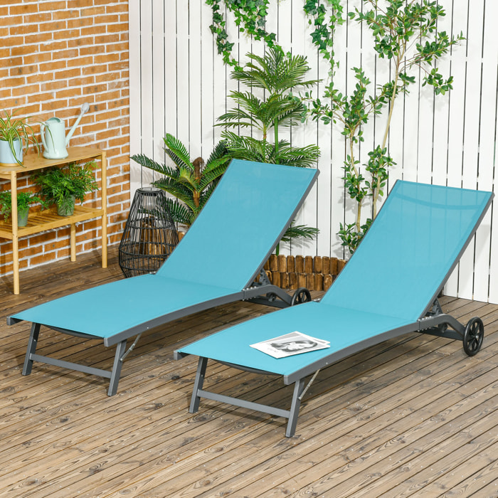 Pack de 2 Tumbonas de Jardín Exterior Tumbonas Reclinables de Aluminio con Respaldo Ajustable de 5 Niveles y Ruedas para Playa Piscina 165x66x102 cm Azul y Gris