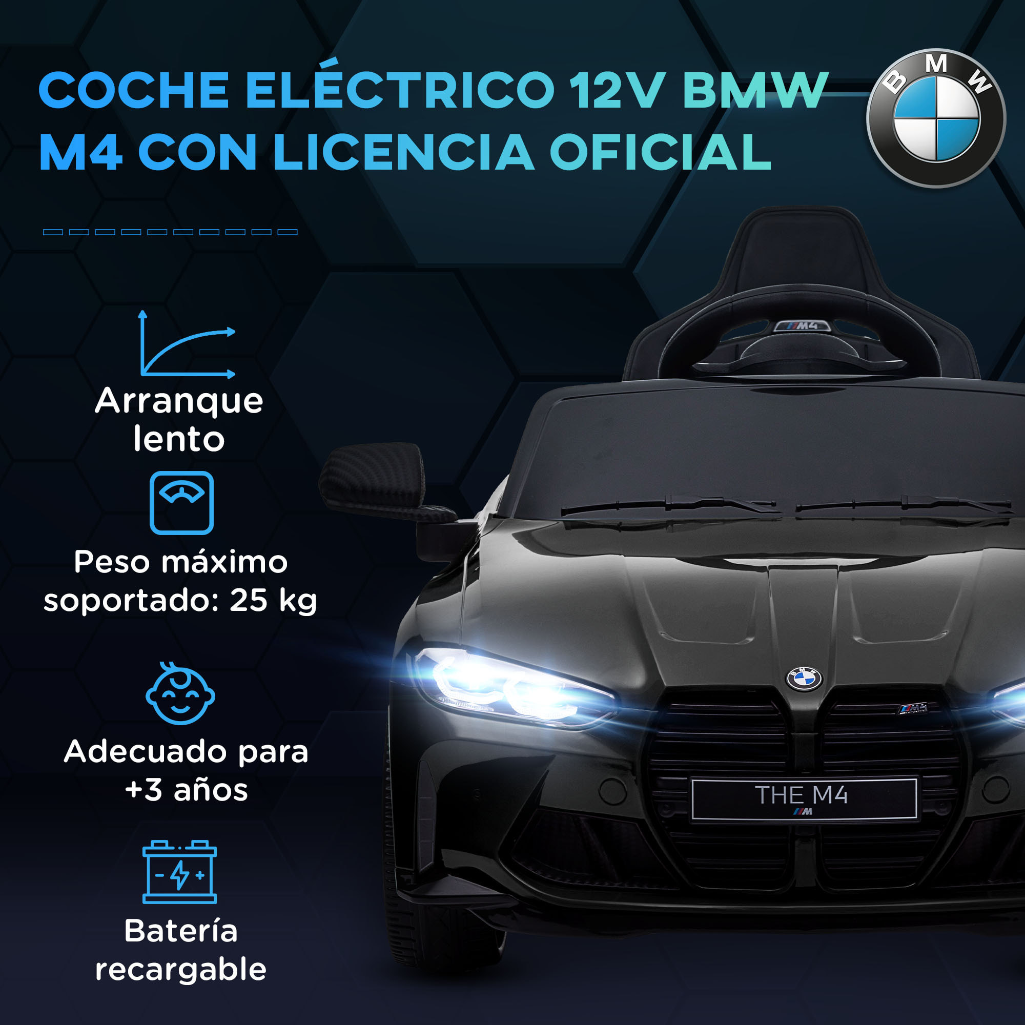 Coche Eléctrico para Niños12V BMW M4 Coche de Batería para Niños con Mando a Distancia Faros Bocina Música Velocidad 3-5 km/h Marcha Adelante y Atrás Cinturón de Seguridad Negro