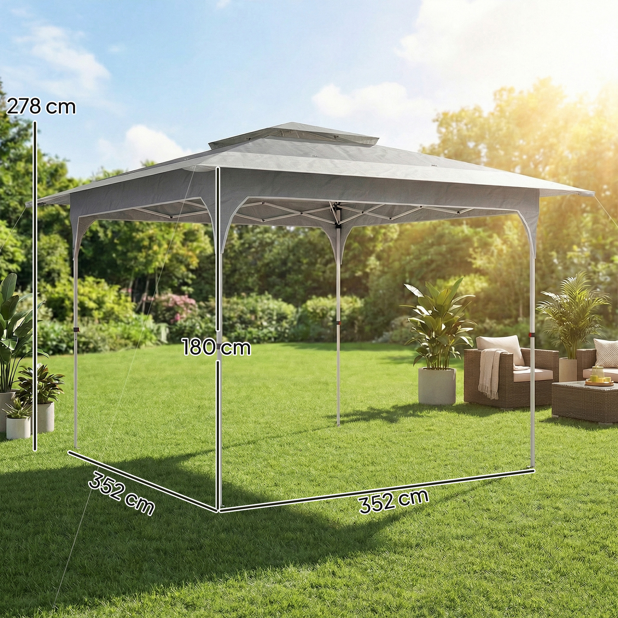 Carpa Plegable 3,5x3,5 m, Pop-up, Cenador Pabellón de Jardín con Doble Techo, Cierre Central, UPF50+, Altura Ajustable de 3 Niveles y Bolsa de Transporte, Gazebo para Fiestas, Exterior, Gris
