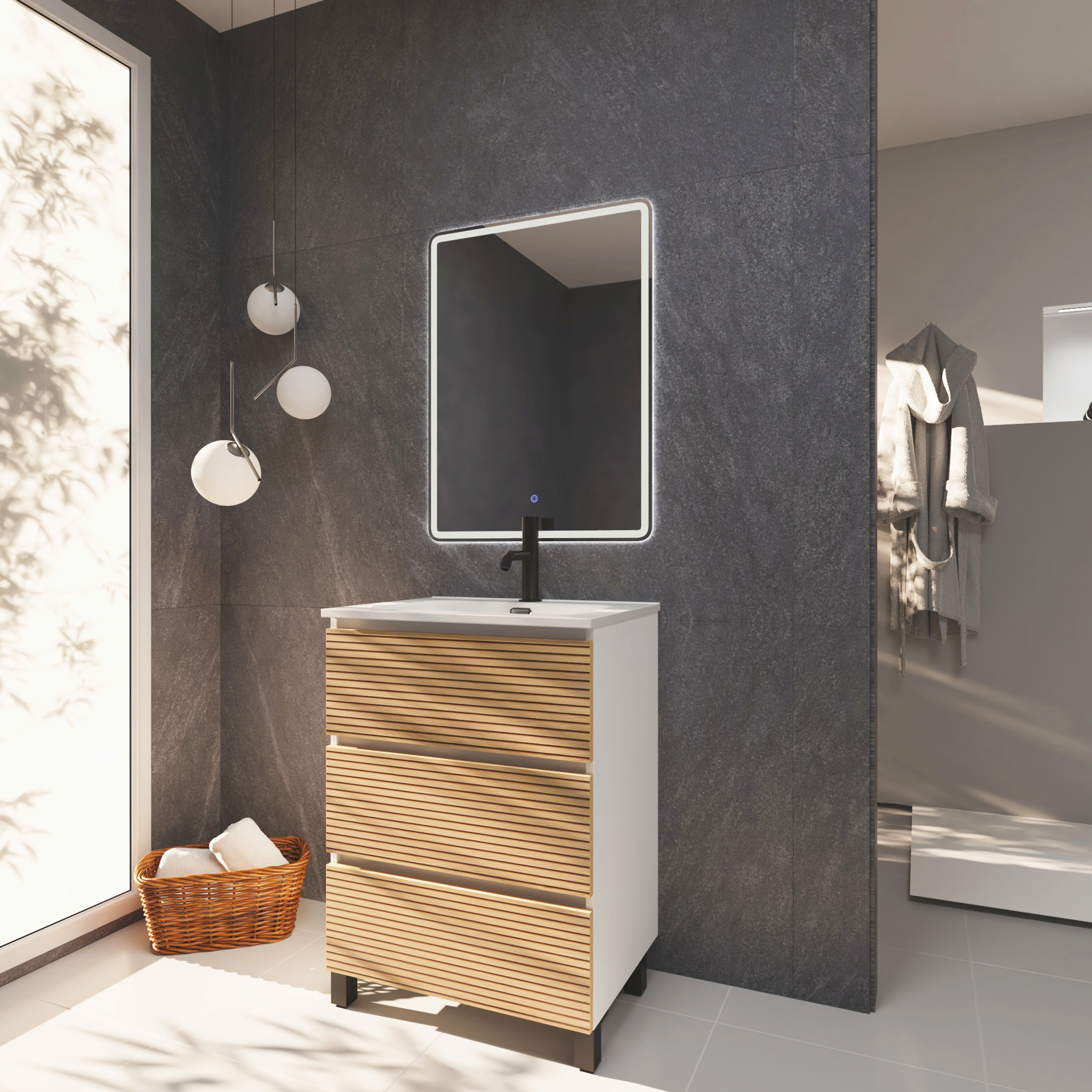 Meuble de Salle de Bain Yinu | 60 cm Blanc - Solomon | Trois Tiroirs | Lavabo Encastre | N'inclut pas Miroir | Meuble Monte | Alday