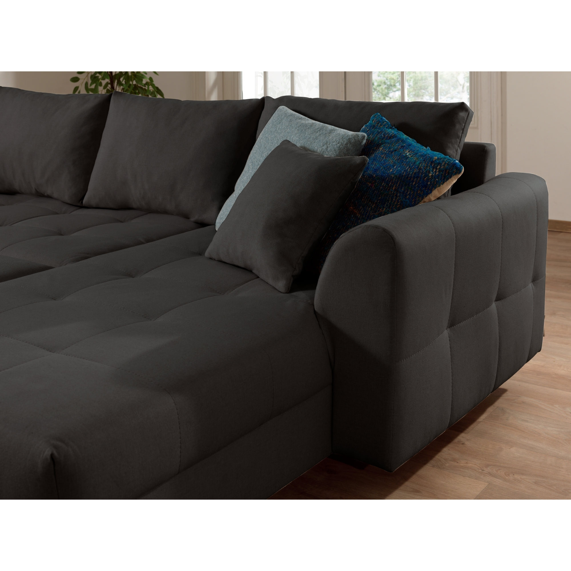 Rune - canapé panoramique avec pouf d'appoint - 7 places - style scandinave - gauche - Gris foncé