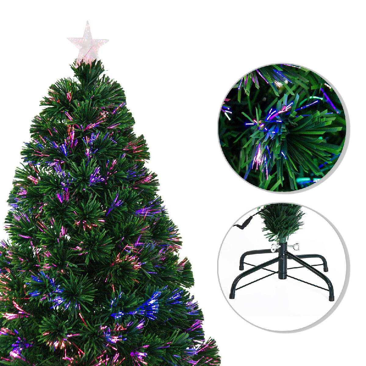 Sapin de Noël artificiel lumineux fibre optique LED multicolore + support pied Ø 60 x 120H cm 130 branches étoile sommet brillante vert