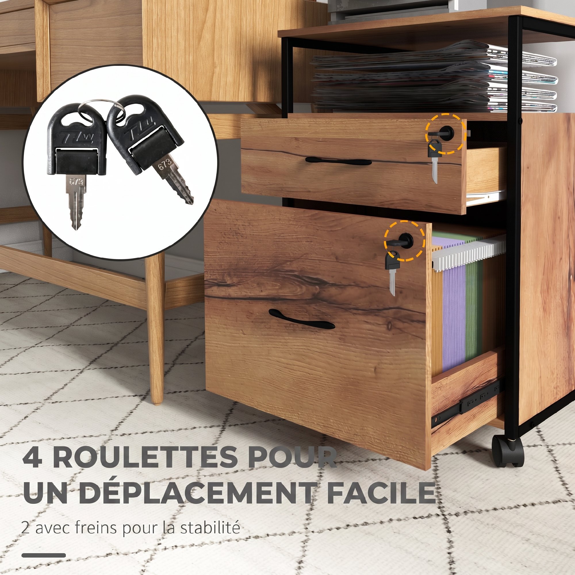 Caisson bureau mobile 2 tiroirs verrouillables dossiers suspendus acier noir effet bois