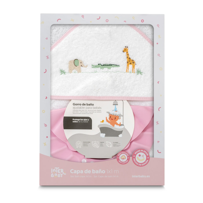 Capa Baño 1X1 Mod Savanna Bordado+ Gorro Bco/Rosa