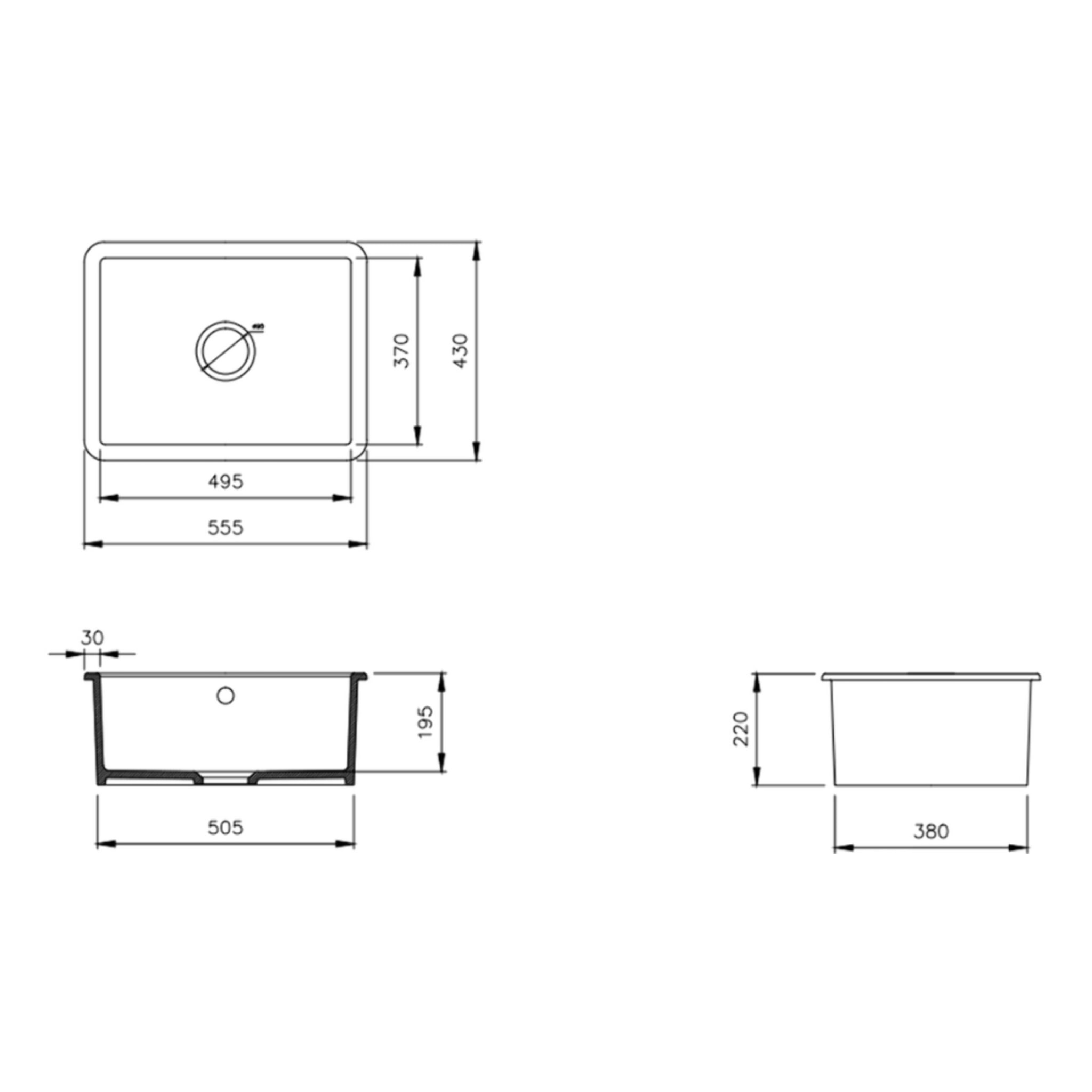 Infinitio 55,5x43x22 cm évier de cuisine simple à encastrer en céramique, avec trop-plein, sans siphon, blanc (SATSINK5543)