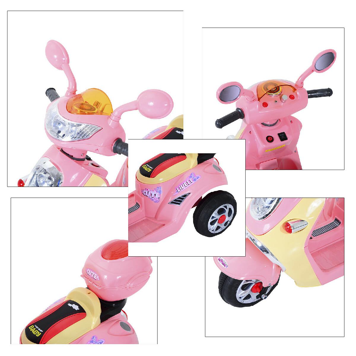 Moto scooter électrique pour enfants 6 V env. 3 Km/h 3 roues et topcase effet lumineux et sonore rose