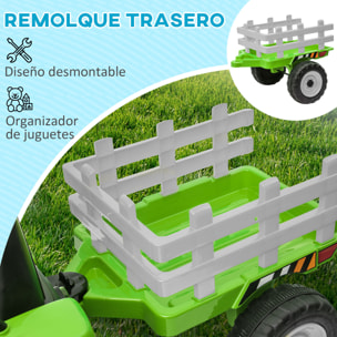 Tractor Eléctrico con Remolque Desmontable Coche Eléctrico para Niños 3-6 Años con Control Remoto Música MP3 Pantalla Luces y Cinturón de Seguridad 136,5x50x52,5 cm Verde