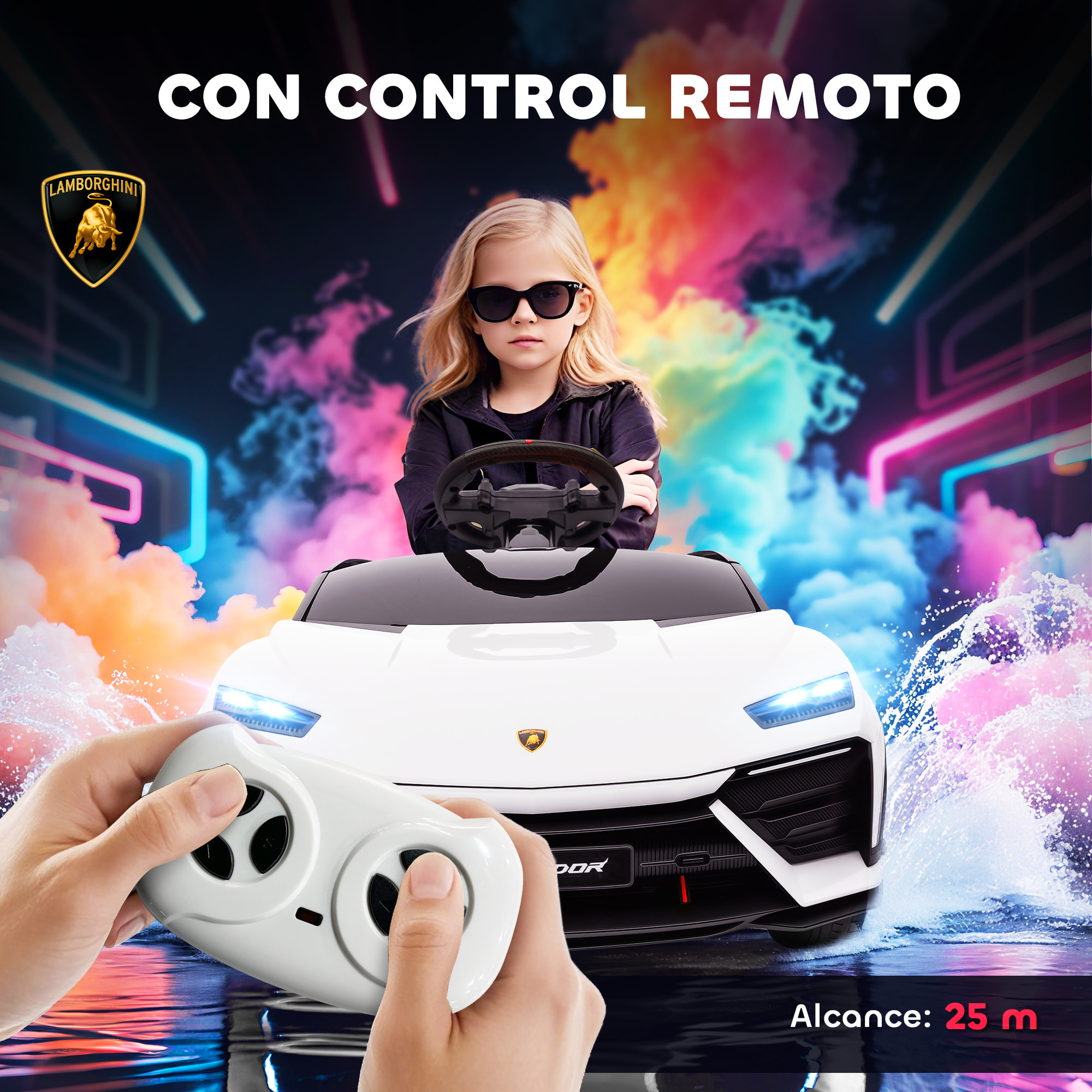 Coche Eléctrico para Niños de +3 Años, Lamborghini, Coche de Batería 12V, con Mando a Distancia 2,4 G, Motor Doble, Ruedas con Suspensión, Faros, Música, USB, Blanco